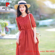 皮爾卡丹（pierre cardin）品牌撿漏輕奢刺繡棉麻連衣裙女2025夏季收腰系帶顯瘦紅色a字長裙 紅色 (少量現(xiàn)貨) S 【建議80-90斤】