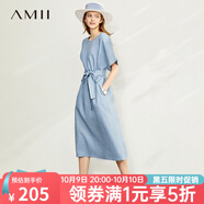 AMII女裝2025小清新配腰帶長(cháng)款連衣裙新款亞麻收腰裙子女顯 灰藍 L 165/88A