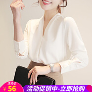 白色雪紡襯衫女V領韓范長袖寬松上衣冬季打底白襯衫韓版春夏秋冬季職業(yè)裝新款 白色 M