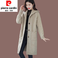 皮爾卡丹（pierre cardin）春秋季粗線中長款毛衣外套女2025新款針織衫寬松外搭羊毛針織開衫 米白色原版 M