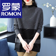 羅蒙（ROMON）大碼半高領(lǐng)羊毛衫中長加厚毛衣女寬松媽媽拼色羊毛絨打底衫 9102斜款  灰色 L (建議108-115斤