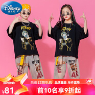 迪士尼（Disney）兒童街舞潮服套裝男童嘻哈破洞牛仔褲hiphop演出服夏女童爵士舞服 黑色BOY 160