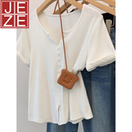 JEZE大碼300斤正肩設(shè)計(jì)感小眾v領(lǐng)短袖t恤女夏季胖mm顯瘦遮肉甜辣上衣 白色【z】 XL 建議【120-150斤】