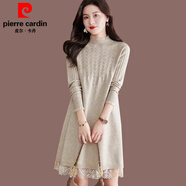 皮爾卡丹秋冬裝蕾絲針織連衣裙女2025新款內搭顯瘦寬松打底衫中長(cháng)款毛衣裙 杏色 M