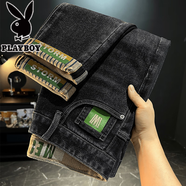 花花公子（PLAYBOY）刺繡牛仔褲男秋冬季款彈力修身直筒潮流印花加絨加厚時(shí)尚百搭褲子 6801-黑灰色【厚款】【收藏加購優(yōu)先發(fā)貨】 常規 29 【105-115斤】2尺2
