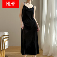 HLHP法式復古金絲絨V領(lǐng)吊帶裙女中長(cháng)款露肩顯瘦A字裙感純色長(cháng)裙春 黑色 L