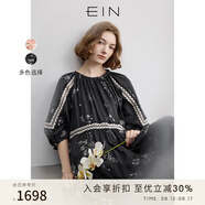 EIN墨間花鳥 EIN言南法風(fēng)苧麻印花大擺花邊七分袖連衣裙2025夏新款 石墨黑 L