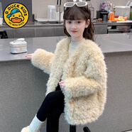 G.duck女童外套秋冬款2025新款兒童加絨加厚毛毛衣冬裝女大童小香風(fēng)上衣 米杏色 110 cm