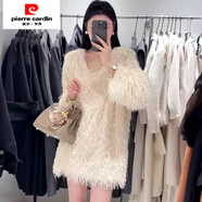 皮爾卡丹（pierre cardin）V領(lǐng)軟糯連衣裙女2025年秋冬新款韓版毛毛流蘇設計感小眾中長(cháng)款 杏色 S