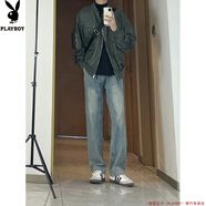 花花公子（PLAYBOY）水洗直筒牛仔褲男藍(lán)色春秋個(gè)性潮流設(shè)計(jì)墜感基礎(chǔ)大眾拖地工作長(zhǎng)褲 藍(lán)色 S  80-95斤