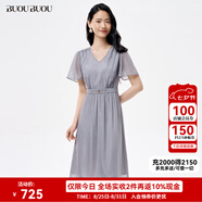 BUOUBUOU天湖女神2025春新品V領(lǐng)釘珠喇叭袖雪紡順紆縐連衣裙女 灰色B86 XL