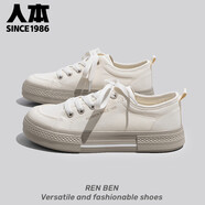 人本2025新款男帆布鞋春秋季透氣休閑潮鞋 米白女款 單層 35