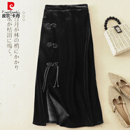皮爾卡丹（pierre cardin）加絨加厚新中式金絲絨半身裙女秋冬季新款復古高端品牌黑色裙子春 黑色春秋珍珠中國結 XL (建議120-135斤)