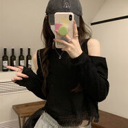 芊綢韓版長袖針織衫秋季新款2025爆款chic洋氣設計感露肩流蘇別致上衣 黑色 均碼 均碼 彈力均碼（建議70-120斤）