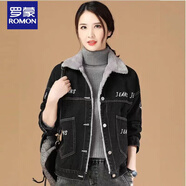 羅蒙韓潮襲人加絨加厚黑色牛仔短外套女2025年秋冬新款刺繡保暖夾克衫 黑色加絨加厚 S