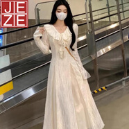 JEZE法式溫柔保暖加絨蕾絲初戀連衣裙女秋冬收腰顯瘦白色v領(lǐng)氣質(zhì)長(cháng)裙 米白色加絨  M 【建議96-110斤】