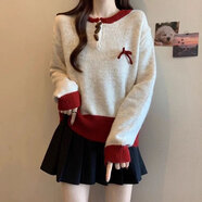 以純（YISHion）早秋撞色套頭毛衣女2025新款春秋季內搭針織衫寬松慵懶風(fēng)上衣外套 杏色高質(zhì)量 M 適合80-110斤