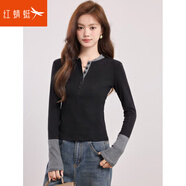 紅蜻蜓（RED DRAGONFLY）復(fù)古撞色長(zhǎng)袖針織衫女秋冬半開領(lǐng)修身顯瘦內(nèi)搭打底衫上衣 黑色 S
