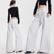 包郵設計款暗紋紋理寬松闊腿拖地喇叭褲秋冬新款高街喇叭牛仔褲 白色長(cháng)褲 XS