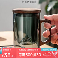 八璽（BAXI）耐熱玻璃杯茶水分離辦公室茶杯家用帶茶濾水杯泡茶杯子可加熱茶具 煙青色觀山（三件套） 500ml 1只 簡約茶水分離辦公室玻璃杯