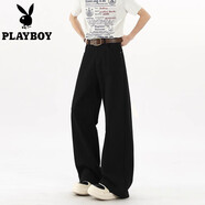 花花公子（PLAYBOY）白色闊腿牛仔褲女男2025春秋季高街cleanfit簡(jiǎn)約百搭直筒褲子 黑色 S