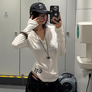 冶芷美式朋克長(cháng)袖連帽T恤防曬罩衫修身春秋薄紗上衣女辣妹 字母印花連帽上衣白色 S