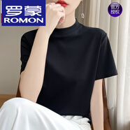 羅蒙（ROMON）高檔春夏半高領(lǐng)純棉短袖女立領(lǐng)T恤百搭中袖上衣顯瘦打底 純黑色 L 100-120斤