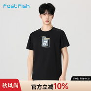 快魚休閑寬松短袖t恤男2025年夏季圓領(lǐng)簡(jiǎn)約印花青少年大碼短袖上衣潮 黑色85T1008 L