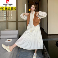 皮爾卡丹（pierre cardin）鹿皮絨馬甲重工寬松長(cháng)袖連衣裙套裝女春秋季新款法式大擺裙子 圖片色 S