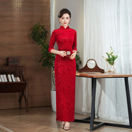 西垂宮（XiChuiGong）新款2025年秋冬日常金絲絨提花回娘家中國風(fēng)年會(huì )舞臺走秀演出旗袍 絲絨玫瑰情人 紅色 M