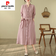 皮爾卡丹（pierre cardin）法式氣質(zhì)亞麻襯衫連衣裙女春系帶收腰顯瘦單排扣立領(lǐng)棉麻開衫長(zhǎng)裙 桃色 M 【建議90-110斤】