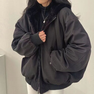 大唐喜樂(lè)牛韓國(guó)chic休閑氣質(zhì)寬松加絨加厚兩面穿羊羔毛棉服女毛絨外套秋冬季 黑色 XL