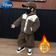 迪士尼（Disney）男童冬裝套裝2025新款洋氣兒童加絨加厚羊羔毛外套寶寶潮酷三件套 咖啡色 90 cm
