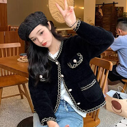 馬迪安2025春秋新款小香風開衫女仿水貂絨時尚名媛短外套氣質(zhì)針織毛衣冬 黑色 S 建議80-95斤
