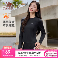 駱駝運動(dòng)T恤秋季加絨圓領(lǐng)長(cháng)袖T恤女親膚防寒保暖純色上衣 C24CAXN603，幻影黑，女 M