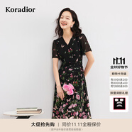 珂萊蒂爾【100桑蠶絲】玫瑰印花真絲連衣裙女夏茶歇裙法式裙子 黑色 2XL