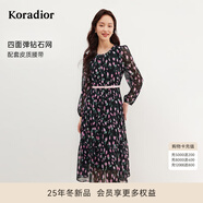 珂萊蒂爾【大秀同款】[瑰麗小蠻腰]夏秋季四面彈茶歇碎花中長(cháng)款連衣裙 黑色 XL