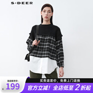 S.DEER圣迪奧女裝羅紋圓領(lǐng)格紋針織拼接不規(guī)則襯衫S21480508 黑色/91 S/160