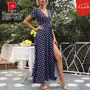 皮爾卡丹（pierre cardin）女裝歐洲站2025夏季新款時(shí)尚收腰顯瘦短袖波點(diǎn)開(kāi)叉連衣裙女士 109365藏青色 S