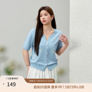 纖莉秀【海鹽味的夏天】小清新繡花V領(lǐng)針織衫大碼女裝胖mm夏新款1208 藍(lán)色 3XL