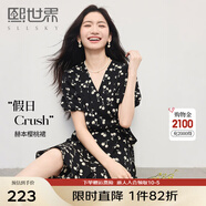 熙世界sllsky圍裹式復古黑色碎花連衣裙小個(gè)子V領(lǐng)茶歇裙子2025夏新款七夕 黑底杏花（短款） L