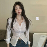 熱辣歐美鏤空純欲辣妹套裝性感低胸上衣吊帶小背心秋季罩衫T恤女 白色長(cháng)袖襯衫Y603 S