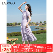 LAGOGO莫奈紫顯白荷葉邊浪漫裙女拉谷谷2025年夏季新款收腰連衣裙 淺紫色 M
