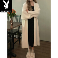 花花公子（PLAYBOY）軟糯針織開(kāi)衫毛衣女秋冬新款寬松大碼顯瘦慵懶風(fēng)仿水貂絨長(cháng)款外套 米白色中長(cháng) S 80-95斤