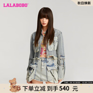 LALABOBO秋新款毛邊破洞牛仔夾克女設計感大口袋純棉短外套RBDC-JW12 中藍白 常規 S