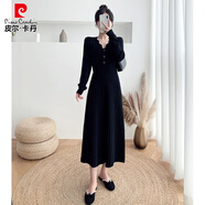 皮爾卡丹（pierre cardin）針織連衣裙女2025新款秋冬收腰長(cháng)袖打底中長(cháng)款毛衣裙過(guò)膝紫色長(cháng)裙 黑色 L 適合(110-125斤)