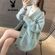 花花公子（PLAYBOY）2025早秋新款V領(lǐng)中長款麻花口袋針織開衫女純色毛衣寬松長袖外套 藍色官方旗艦版 S
