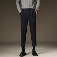 羅蒙（ROMON）秋冬毛呢褲男士寬松休閑褲保暖厚款百搭九分褲呢子西裝長(cháng)褲子 藍色九分 32 【建議135-145斤】