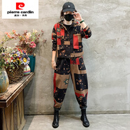 皮爾卡丹（pierre cardin）民族風(fēng)復(fù)古棉麻套裝女秋冬加絨連帽外套寬松遮肉上衣哈倫褲兩件套 紅方塊花 XL 建議90-125斤