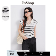 InShop【商場(chǎng)同款】新款童趣小熊刺繡短袖t恤女休閑條紋針織上衣 黑間條 均碼